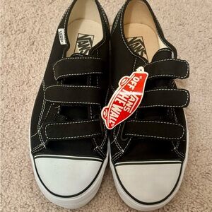 Vans Women’s Black Canvas Velcro Low-Top Sneakers with White Toe